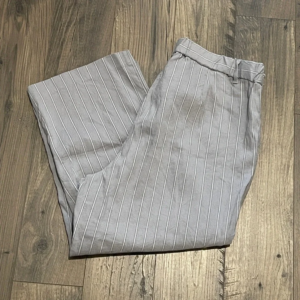 J.Jill Grey White Striped Linen Blend Wide Leg Crop Pants 16 Petite WPT218712